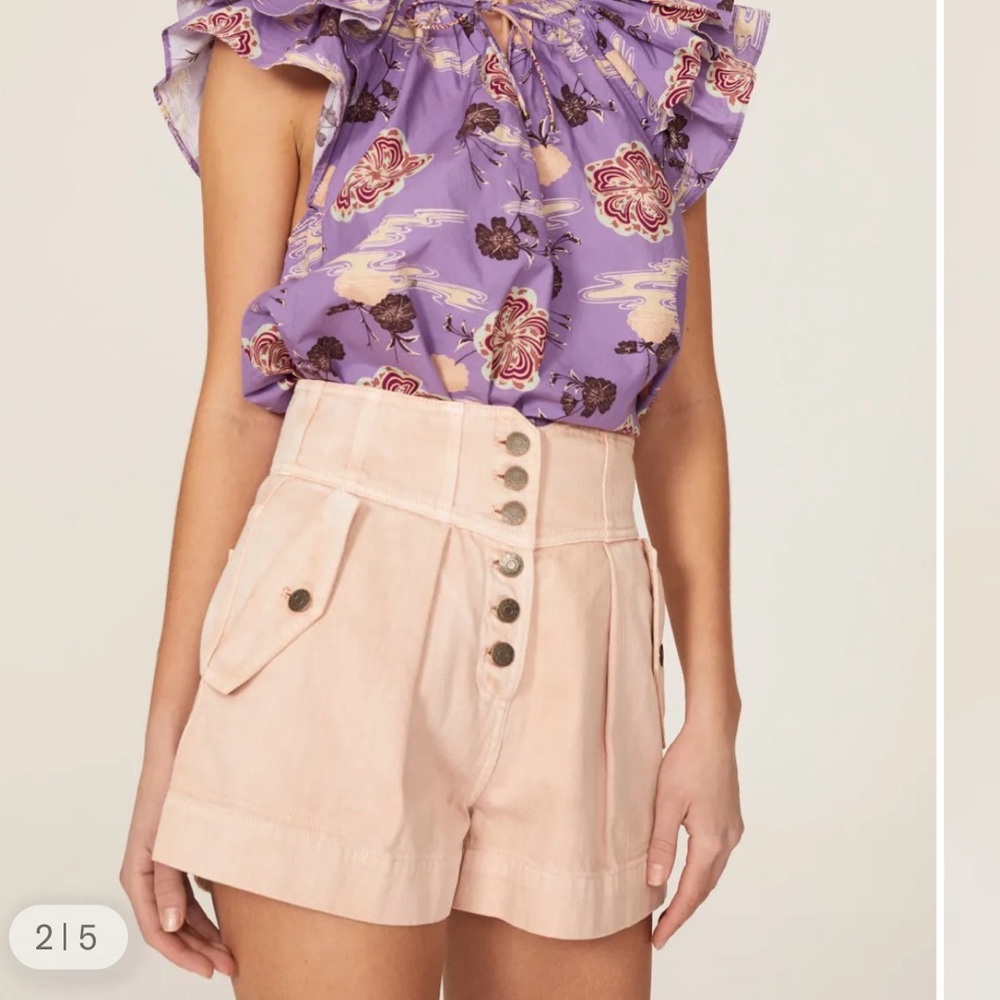 Ulla Johnson Peach Denim Shorts, High Waisted, Button Fly, Size 2